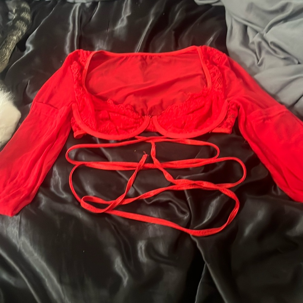 bright red lace top